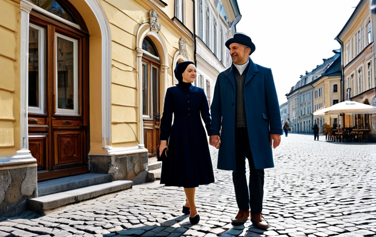**Prompt 1: Lviv Old Town Charm**
    A man and a woman, both fully clothed in modest, smart casual travel attire, walking along a cobblestone street in Lviv's historic Old Town. They are admiring the ornate Baroque architecture of a charming cafe building in the foreground. The scene is bathed in warm, inviting sunlight. The background features other well-preserved historic buildings, and a subtle hint of street artists in the distance. Safe for work, appropriate content, fully clothed, modest clothing, appropriate attire, professional dress, perfect anatomy, correct proportions, natural pose, well-formed hands, proper finger count, natural body proportions, professional photography, high quality, family-friendly.