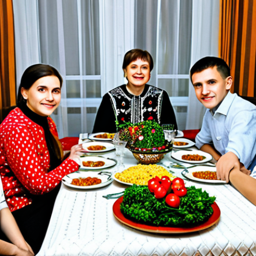Home 17 **
"A multigenerational Ukrainian family, fully clothed in traditional Vyshyvanka embroidery shirts, gathered around a festively decorated table for Sviata Vecheria (Christmas Eve supper). Twelve vegetarian dishes are displayed. Warm, inviting home interior. Perfect anatomy, correct proportions, natural pose. Safe for work, appropriate content, fully clothed, modest, family-friendly, professional photography, high quality."
**