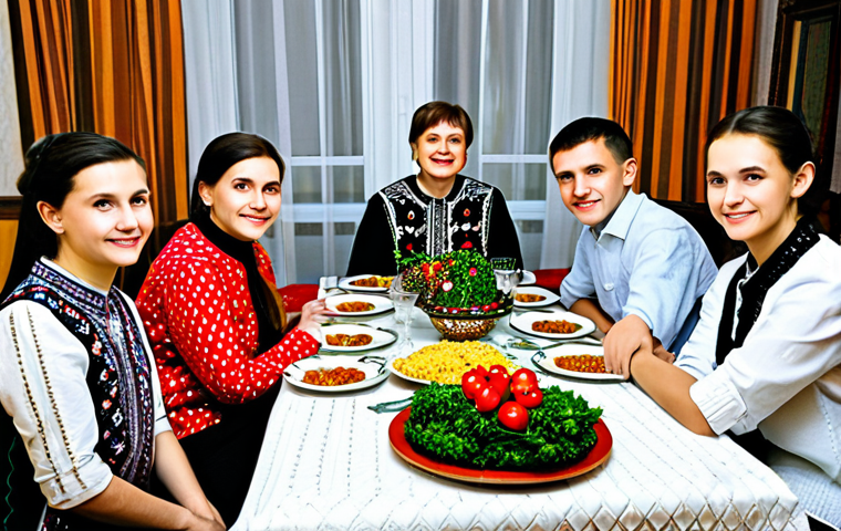 **

"A multigenerational Ukrainian family, fully clothed in traditional Vyshyvanka embroidery shirts, gathered around a festively decorated table for Sviata Vecheria (Christmas Eve supper). Twelve vegetarian dishes are displayed.  Warm, inviting home interior. Perfect anatomy, correct proportions, natural pose.  Safe for work, appropriate content, fully clothed, modest, family-friendly, professional photography, high quality."

**