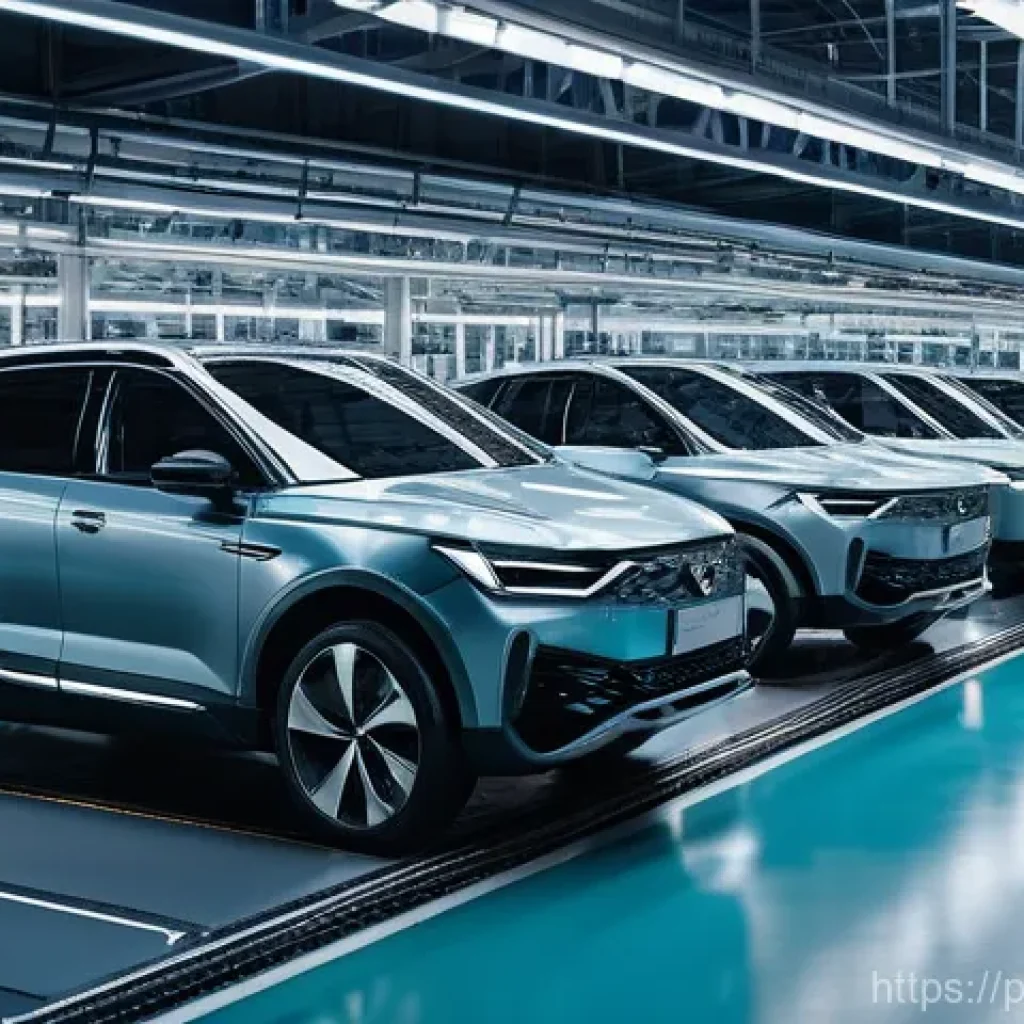 우크라이나 자동차 산업 - **"A halted modern car assembly line in a European factory, with sleek, uncompleted vehicle chassis ...