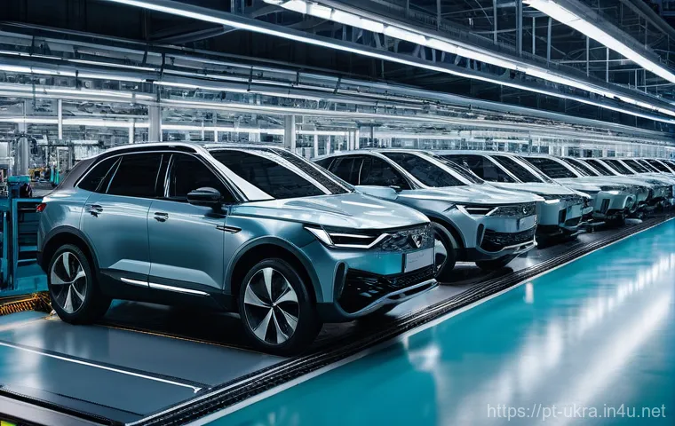 우크라이나 자동차 산업 - **"A halted modern car assembly line in a European factory, with sleek, uncompleted vehicle chassis ...