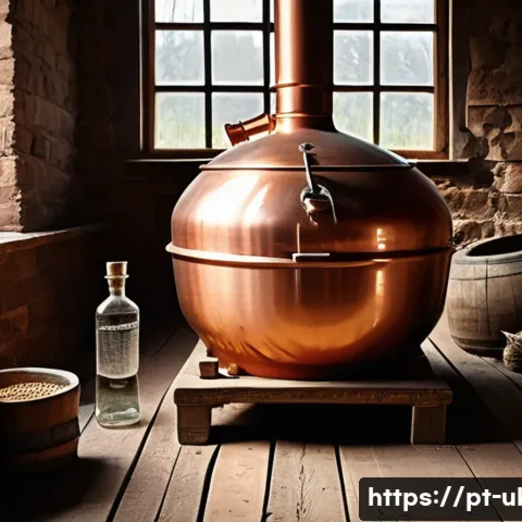 우크라이나에서 유명한 보드카 브랜드 - A traditional Ukrainian distillery scene showcasing a rustic copper alembic still surrounded by sack...
