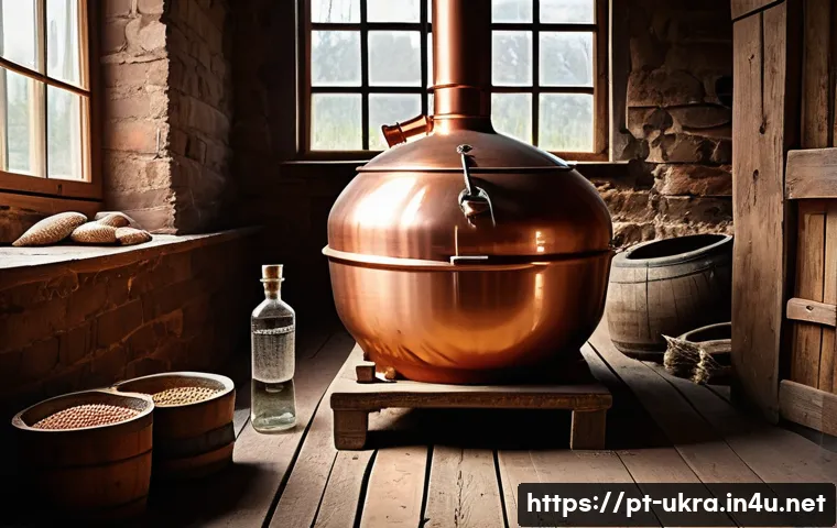 우크라이나에서 유명한 보드카 브랜드 - A traditional Ukrainian distillery scene showcasing a rustic copper alembic still surrounded by sack...