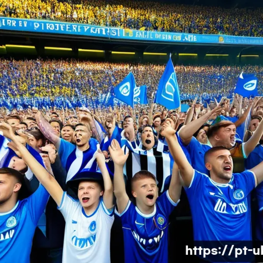 우크라이나 스포츠 인기 종목 - A vibrant scene inside a packed Dynamo Kiev football stadium during a lively match day in Ukraine, s...