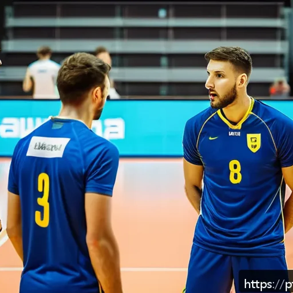 우크라이나 배구 대표팀 - A dynamic volleyball match scene showcasing a Ukrainian national team in action on a modern indoor c...