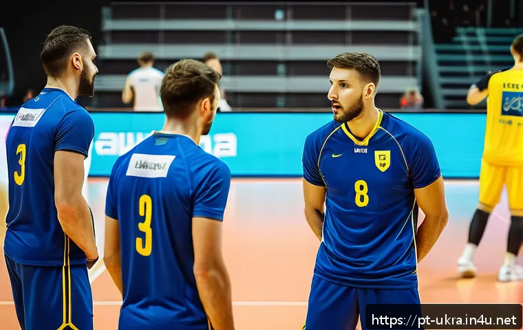 우크라이나 배구 대표팀 - A dynamic volleyball match scene showcasing a Ukrainian national team in action on a modern indoor c...