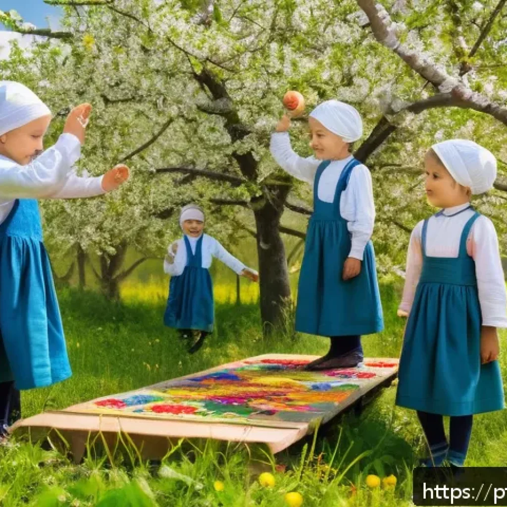 우크라이나 전통 놀이문화 - A vibrant outdoor scene in rural Ukraine during springtime, children wearing modest, colorful tradit...