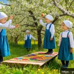 Home 22 우크라이나 전통 놀이문화 - A vibrant outdoor scene in rural Ukraine during springtime, children wearing modest, colorful tradit...