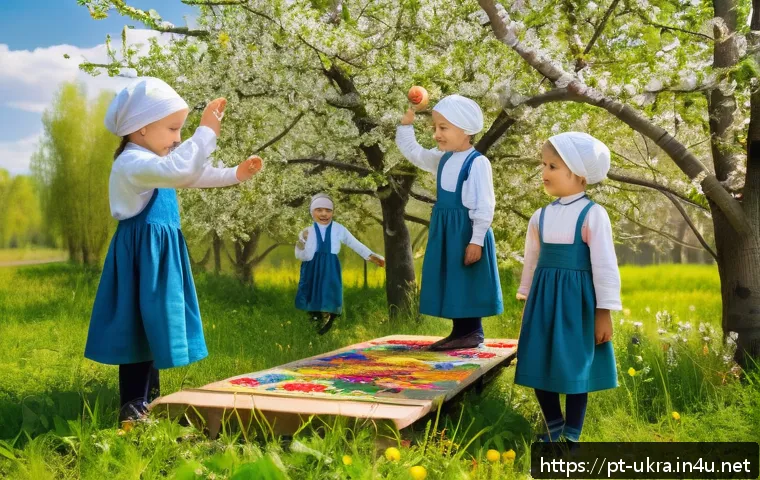 우크라이나 전통 놀이문화 - A vibrant outdoor scene in rural Ukraine during springtime, children wearing modest, colorful tradit...