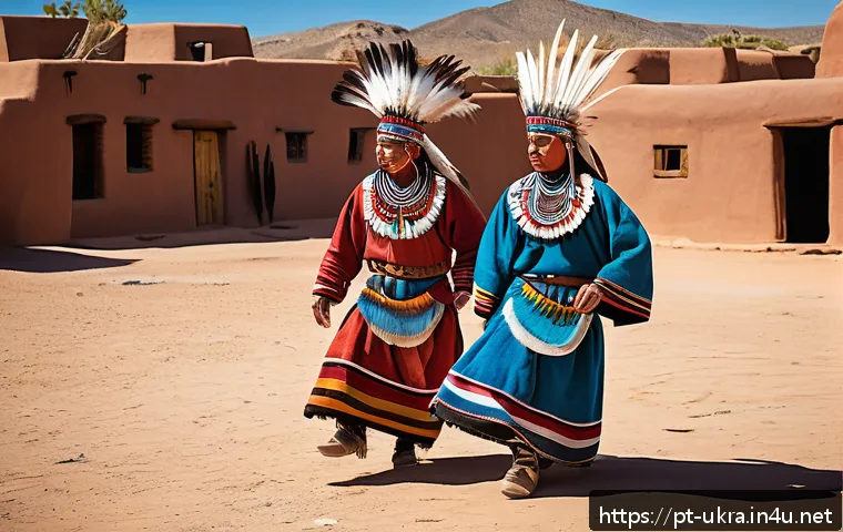 홉탁 문화 - A vibrant outdoor Hopi ceremonial dance scene during the Powamuya Festival at the end of winter, fea...