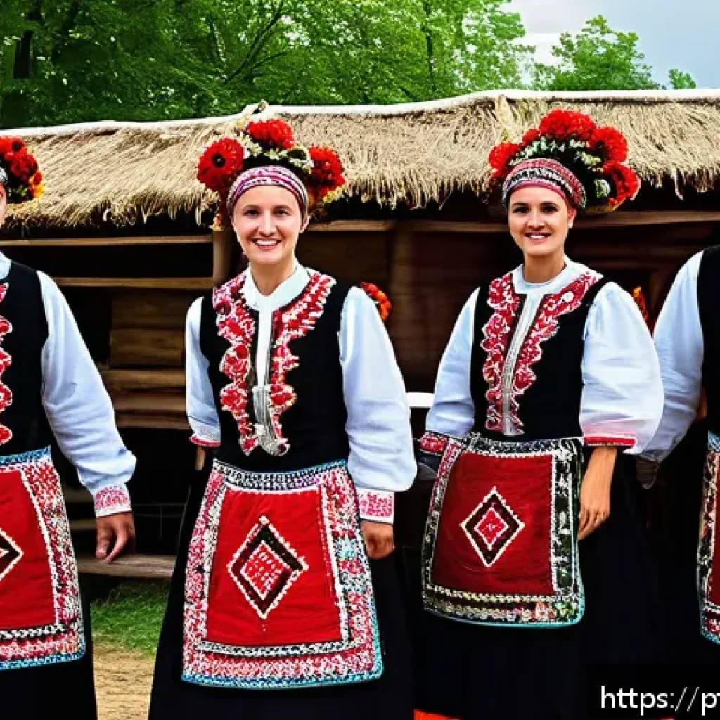 우크라이나 민족 구성 - A vibrant Ukrainian folk festival scene in a rural western village, featuring groups of young people...