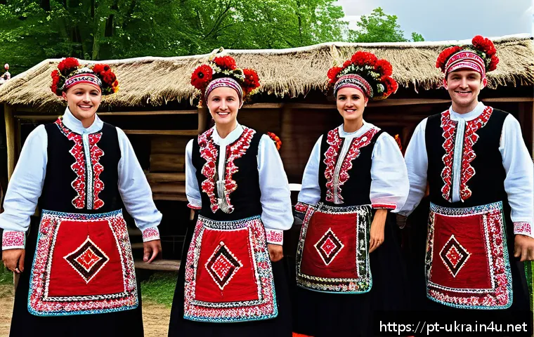 우크라이나 민족 구성 - A vibrant Ukrainian folk festival scene in a rural western village, featuring groups of young people...