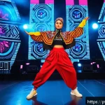 Home 23 우크라이나에서 인기 있는 노래 - A vibrant stage performance of a Ukrainian female hip hop artist blending traditional folk elements ...