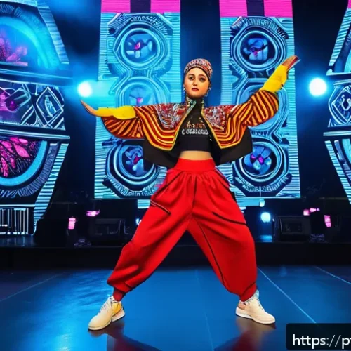 Home 17 우크라이나에서 인기 있는 노래 - A vibrant stage performance of a Ukrainian female hip hop artist blending traditional folk elements ...