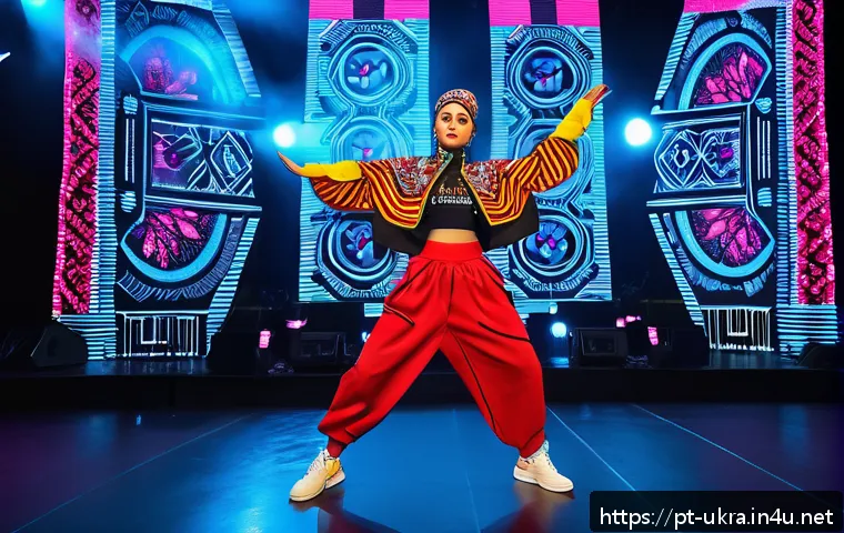 우크라이나에서 인기 있는 노래 - A vibrant stage performance of a Ukrainian female hip hop artist blending traditional folk elements ...