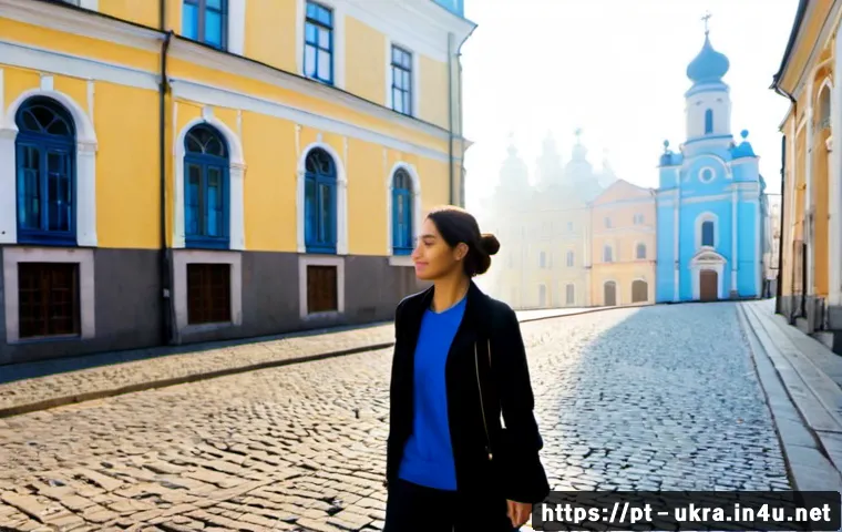 Home 17 우크라이나에서 찍기 좋은 인생샷 명소 - Photorealistic travel portrait at sunrise on Kyiv’s Andriivskyi Descent, stylish adult traveler in m...