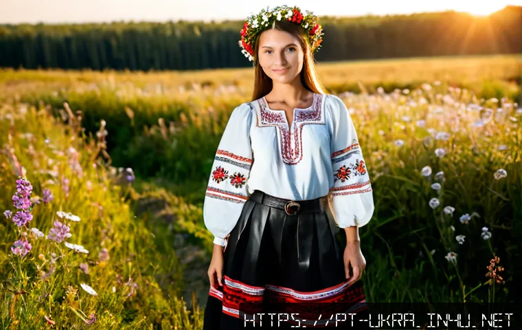 우크라이나 전통 의상 - Photorealistic full-length portrait of a Ukrainian woman wearing a traditional white embroidered vys...